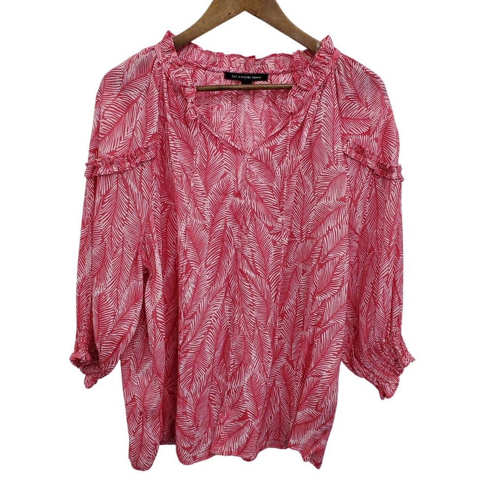 Zac & Rachel Womens Pink Leaf Print 3/4 Sleeveβ Peasant Top Blouse Plus Size 1X